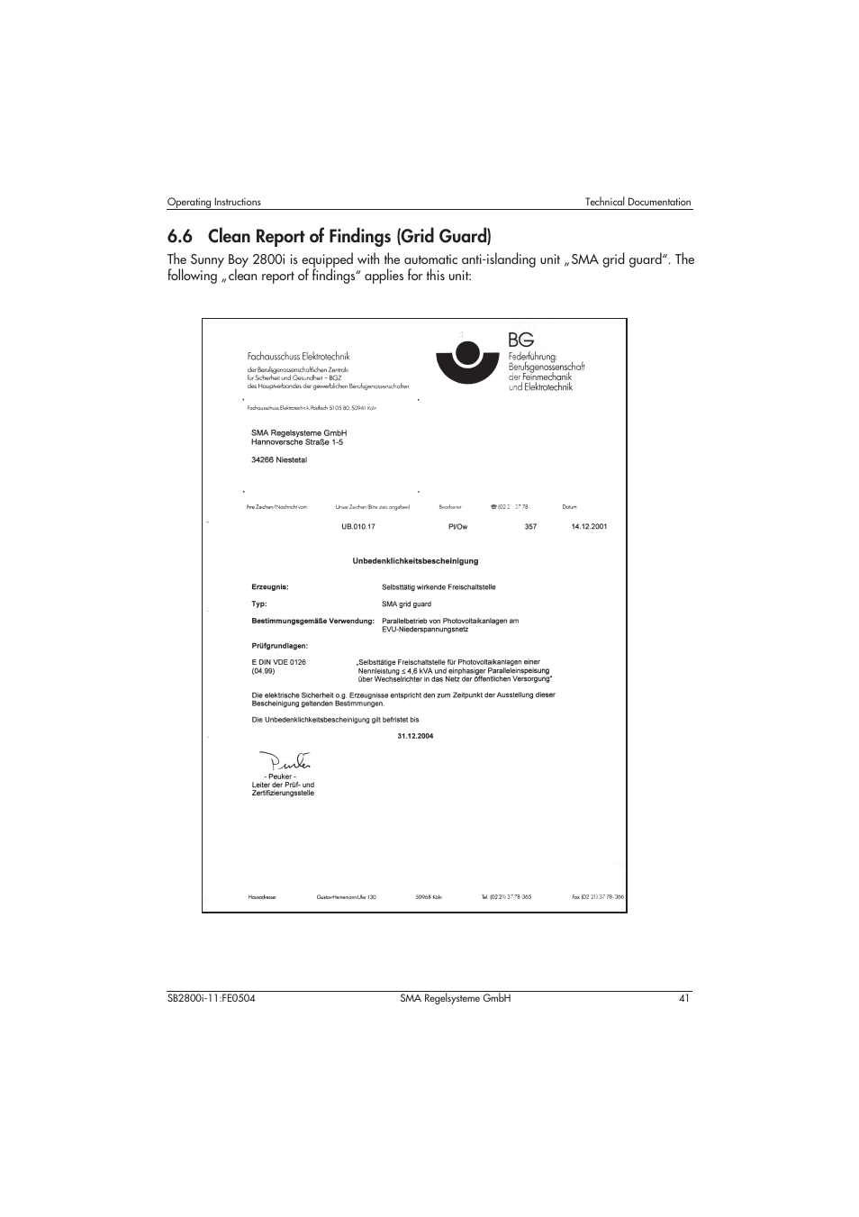 6 clean report of findings (grid guard) | SMA SB 2800i User Manual | Page 43 / 50