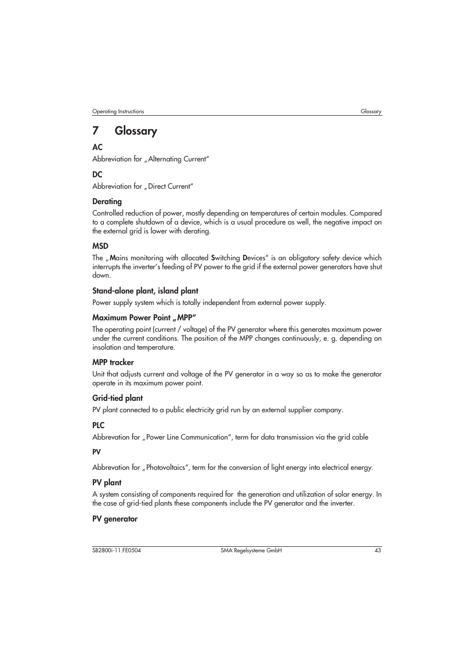 7 glossary, 7glossary | SMA SB 2800i User Manual | Page 45 / 50