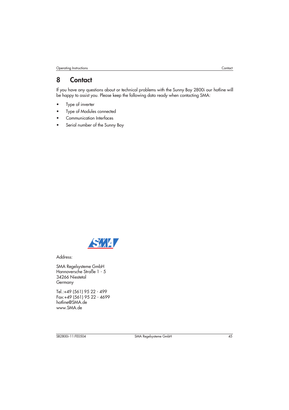 8 contact, 8contact | SMA SB 2800i User Manual | Page 47 / 50