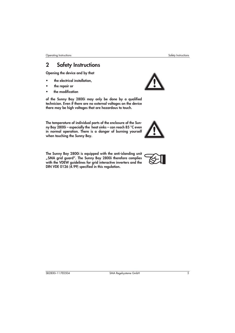 2 safety instructions, 2safety instructions | SMA SB 2800i User Manual | Page 7 / 50