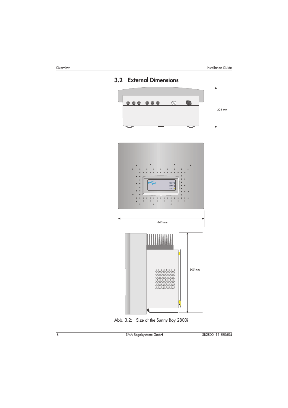 2 external dimensions, Abb. 3.2: size of the sunny boy 2800i | SMA SB 2800i Installation User Manual | Page 10 / 40