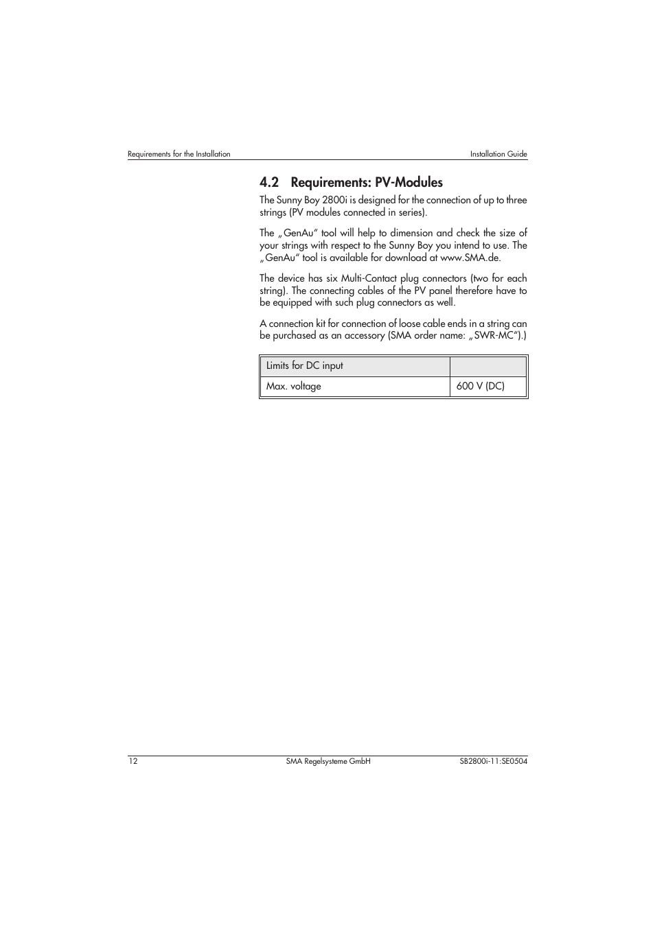 2 requirements: pv-modules | SMA SB 2800i Installation User Manual | Page 14 / 40