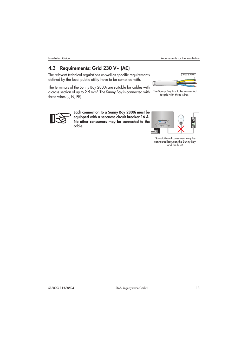 3 requirements: grid 230 v~ (ac) | SMA SB 2800i Installation User Manual | Page 15 / 40