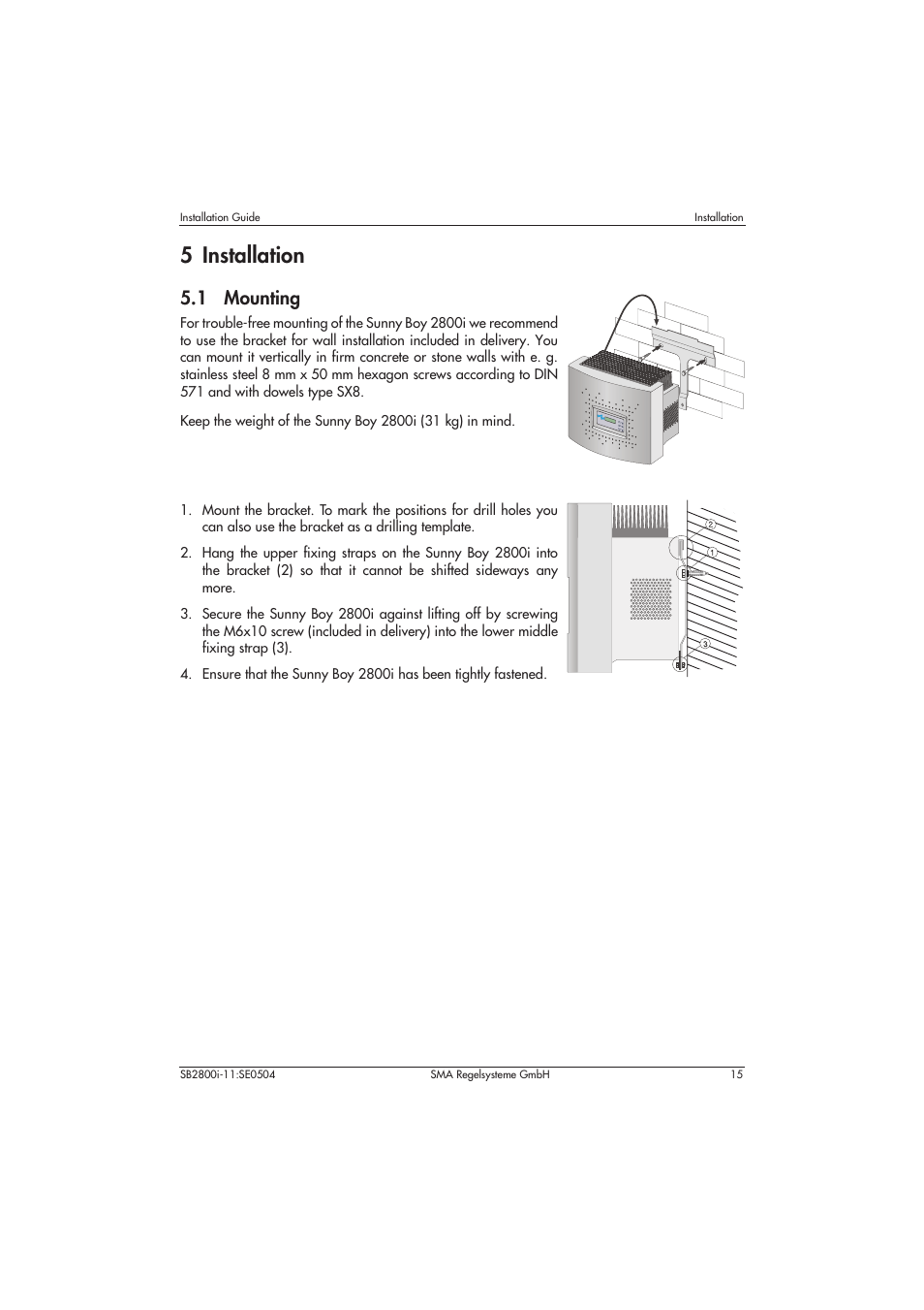 5 installation, 1 mounting | SMA SB 2800i Installation User Manual | Page 17 / 40