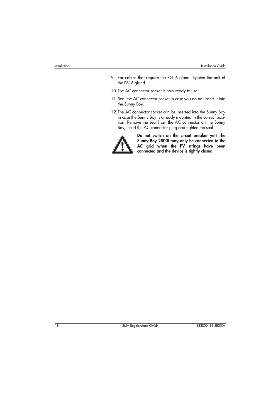 The ac connector socket is now ready to use | SMA SB 2800i Installation User Manual | Page 20 / 40