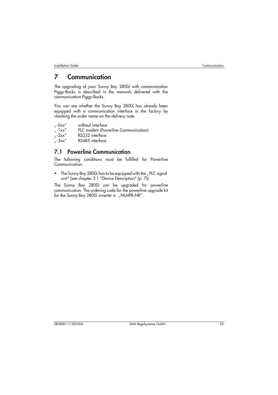 7 communication, 1 powerline communication, 7communication | SMA SB 2800i Installation User Manual | Page 27 / 40