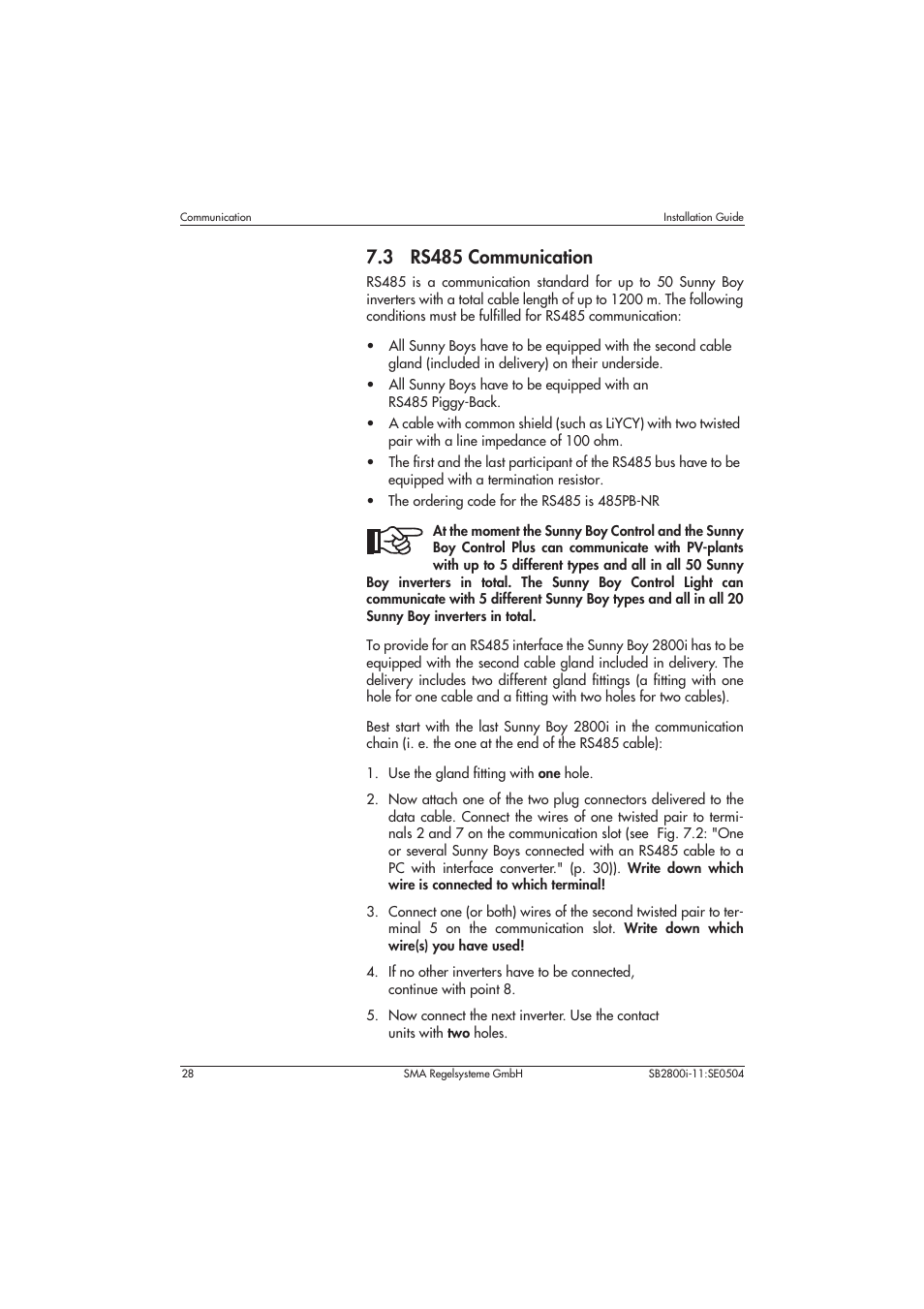 3 rs485 communication, Use the gland fitting with one hole | SMA SB 2800i Installation User Manual | Page 30 / 40