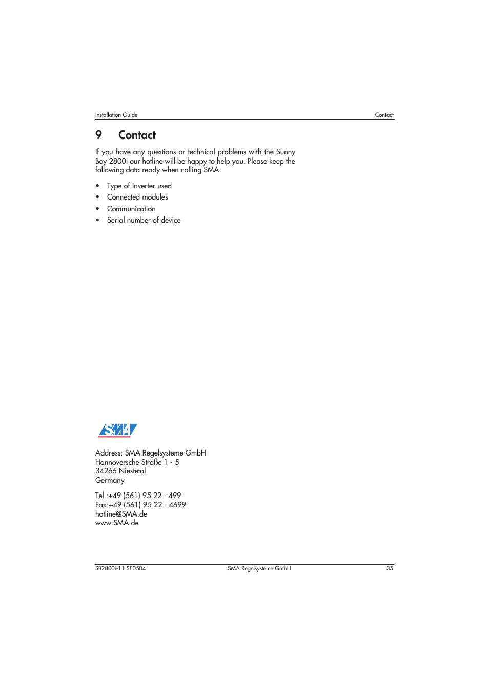 9 contact, 9contact | SMA SB 2800i Installation User Manual | Page 37 / 40