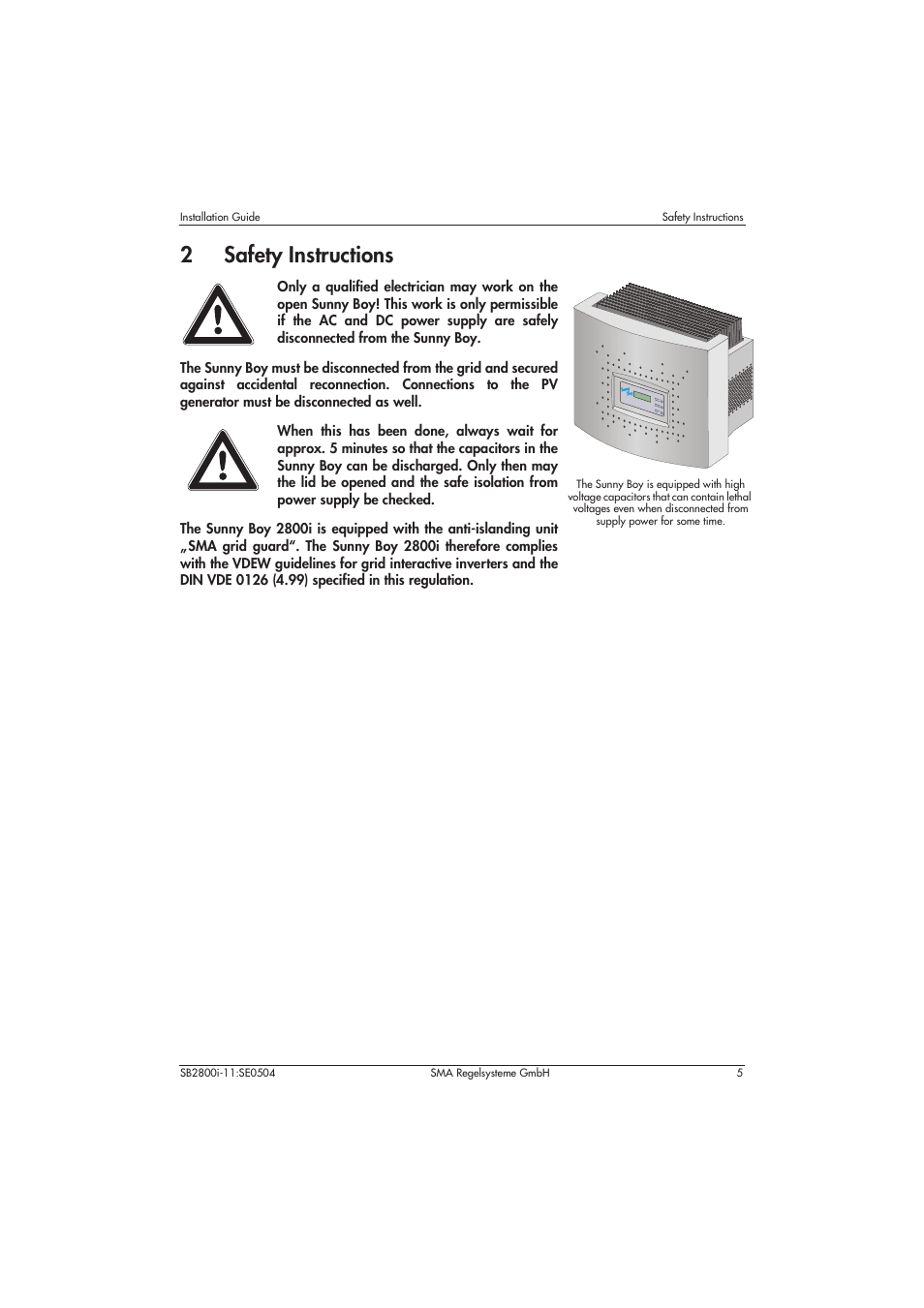 2 safety instructions, 2safety instructions | SMA SB 2800i Installation User Manual | Page 7 / 40
