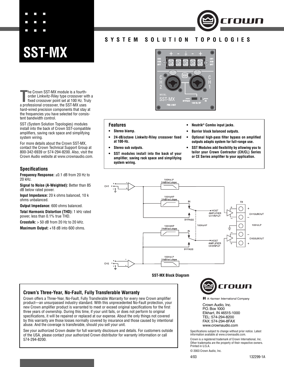 Crown Audio SST-MX User Manual | 1 page