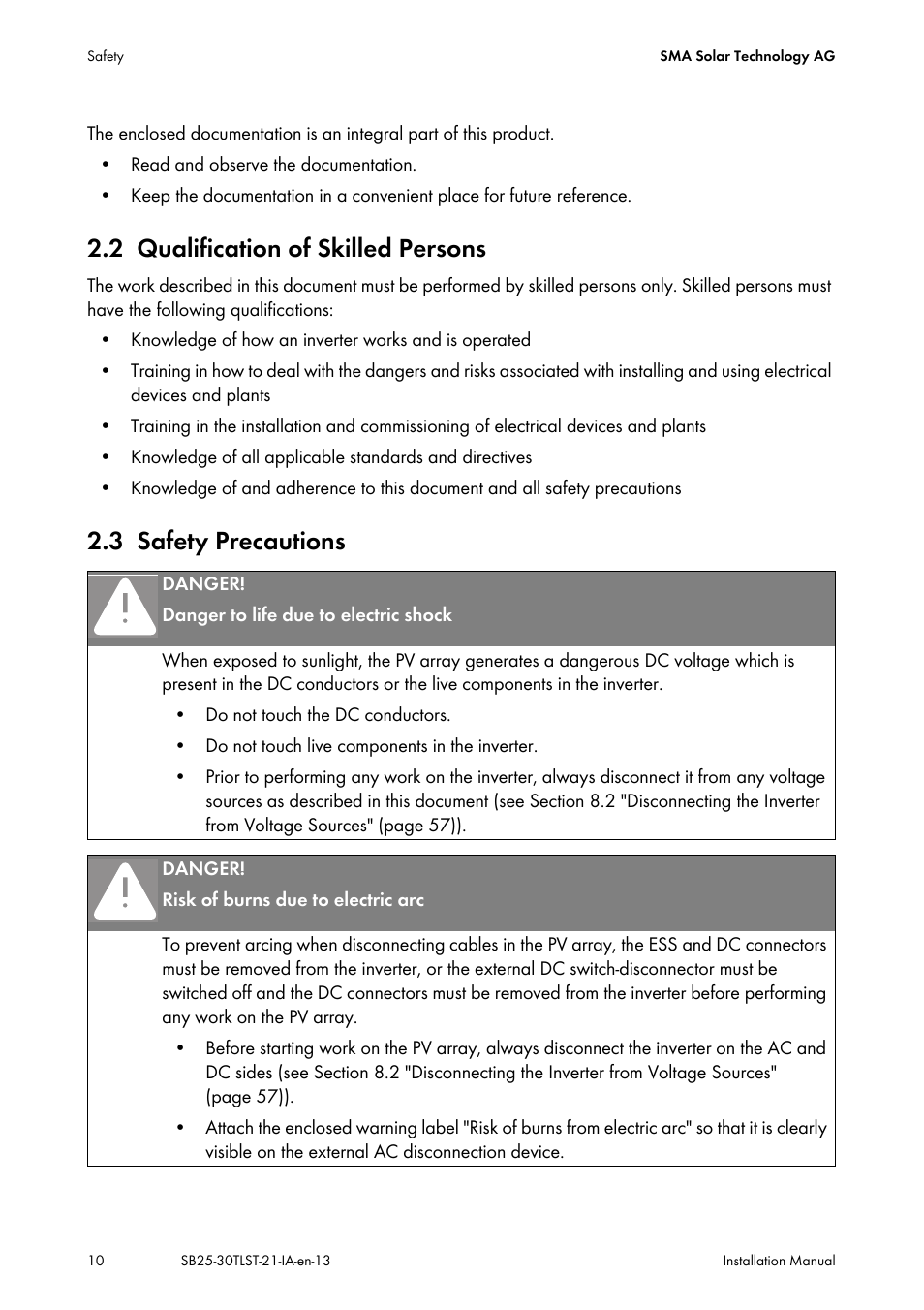 2 qualification of skilled persons, 3 safety precautions, Qualification of skilled persons | Safety precautions | SMA SB 2500TL-21 Installation User Manual | Page 10 / 96