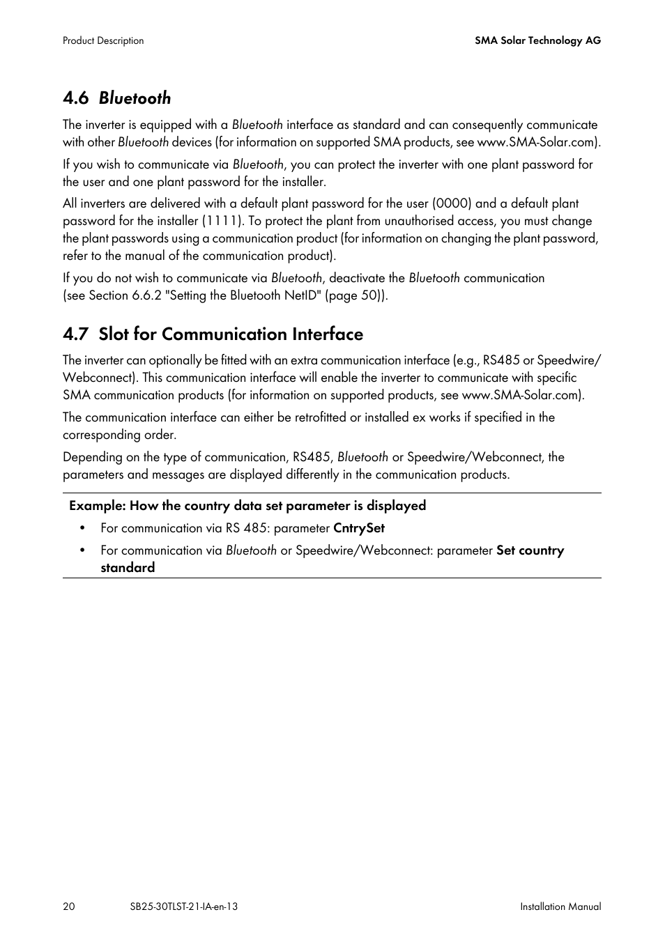 6 bluetooth, 7 slot for communication interface, Bluet | Slot for communication interface | SMA SB 2500TL-21 Installation User Manual | Page 20 / 96