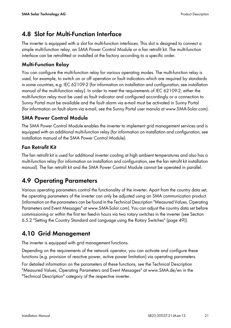 8 slot for multi-function interface, 9 operating parameters, 10 grid management | Slot for multi-function interface, Operating parameters, Grid management | SMA SB 2500TL-21 Installation User Manual | Page 21 / 96