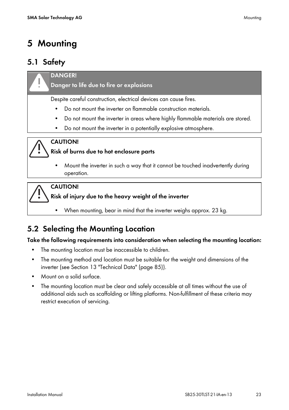 5 mounting, 1 safety, 2 selecting the mounting location | Mounting, Safety, Selecting the mounting location, 1 safety 5.2 selecting the mounting location | SMA SB 2500TL-21 Installation User Manual | Page 23 / 96
