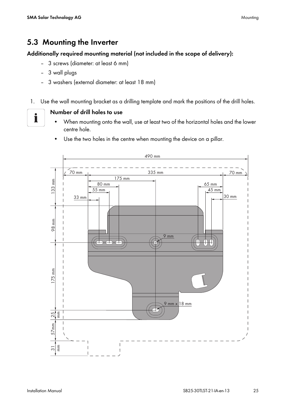 3 mounting the inverter, Mounting the inverter | SMA SB 2500TL-21 Installation User Manual | Page 25 / 96
