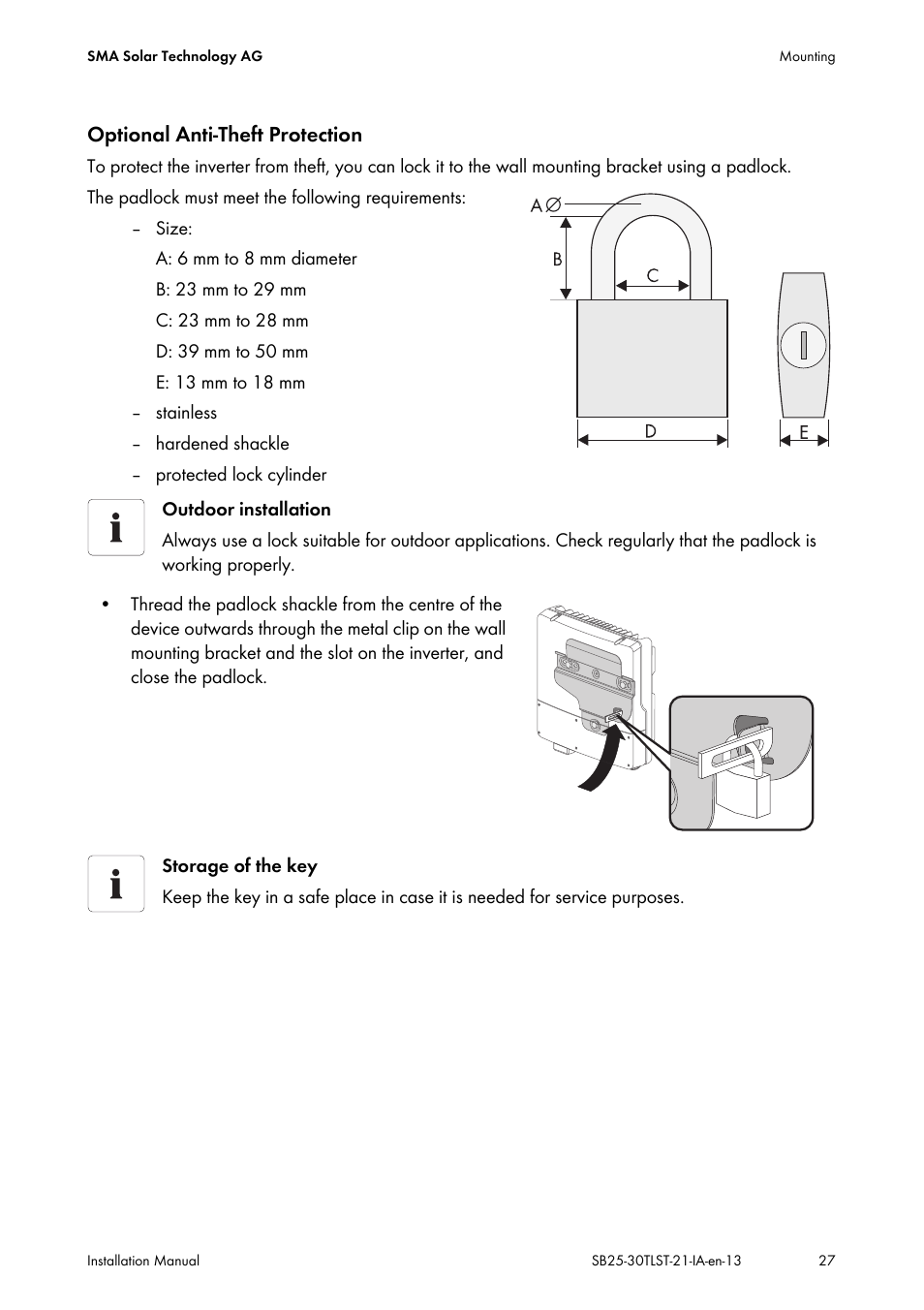 Optional anti-theft protection | SMA SB 2500TL-21 Installation User Manual | Page 27 / 96