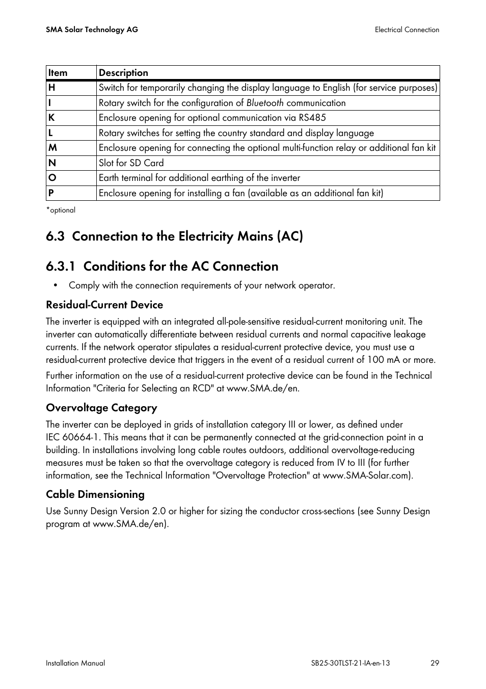3 connection to the electricity mains (ac), 1 conditions for the ac connection, Connection to the electricity mains (ac) | Conditions for the ac connection | SMA SB 2500TL-21 Installation User Manual | Page 29 / 96