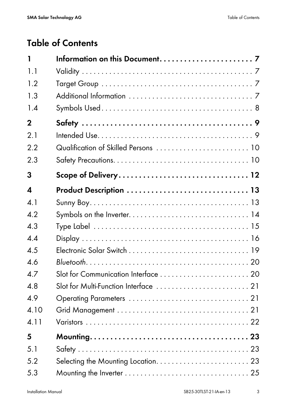 SMA SB 2500TL-21 Installation User Manual | Page 3 / 96