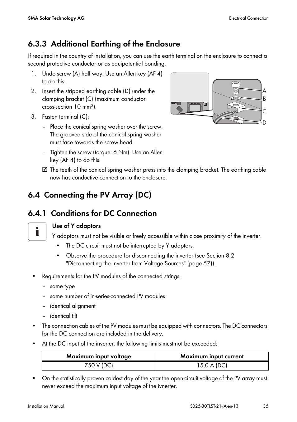 3 additional earthing of the enclosure, 4 connecting the pv array (dc), 1 conditions for dc connection | Additional earthing of the enclosure, Connecting the pv array (dc), Conditions for dc connection | SMA SB 2500TL-21 Installation User Manual | Page 35 / 96
