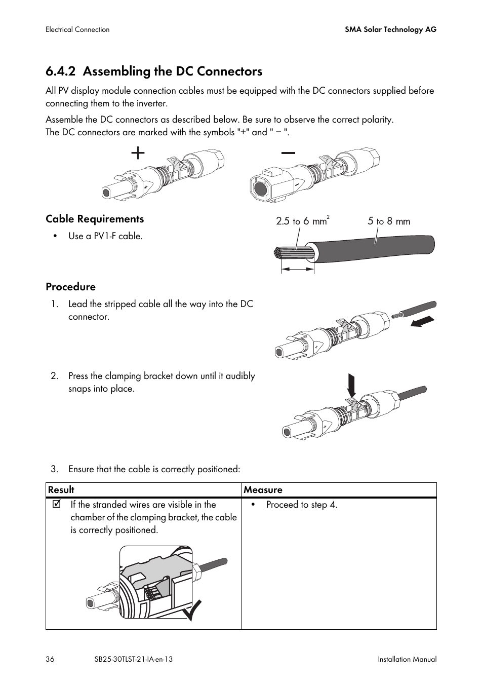 2 assembling the dc connectors, Assembling the dc connectors | SMA SB 2500TL-21 Installation User Manual | Page 36 / 96