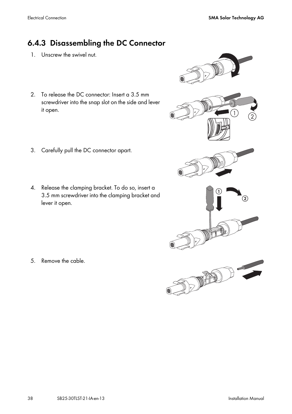 3 disassembling the dc connector, Disassembling the dc connector | SMA SB 2500TL-21 Installation User Manual | Page 38 / 96