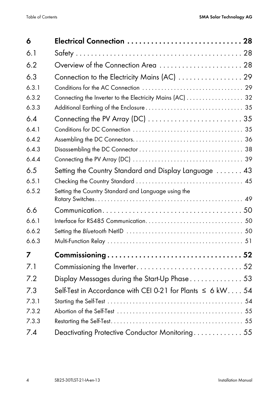 4 connecting the pv array (dc), 6 communication, 4 deactivating protective conductor monitoring | SMA SB 2500TL-21 Installation User Manual | Page 4 / 96