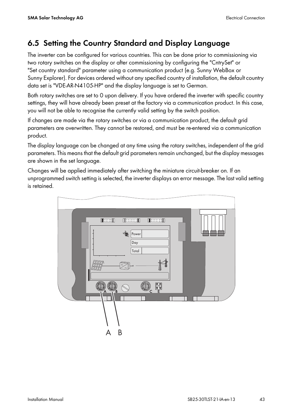 Setting the country standard and display language | SMA SB 2500TL-21 Installation User Manual | Page 43 / 96