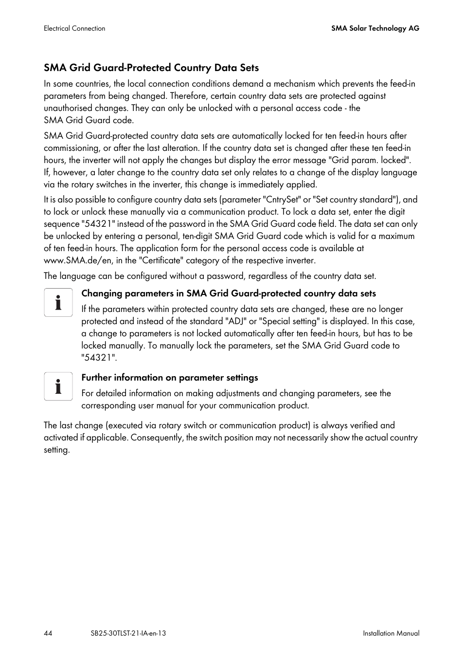 Sma grid guard-protected country data sets | SMA SB 2500TL-21 Installation User Manual | Page 44 / 96