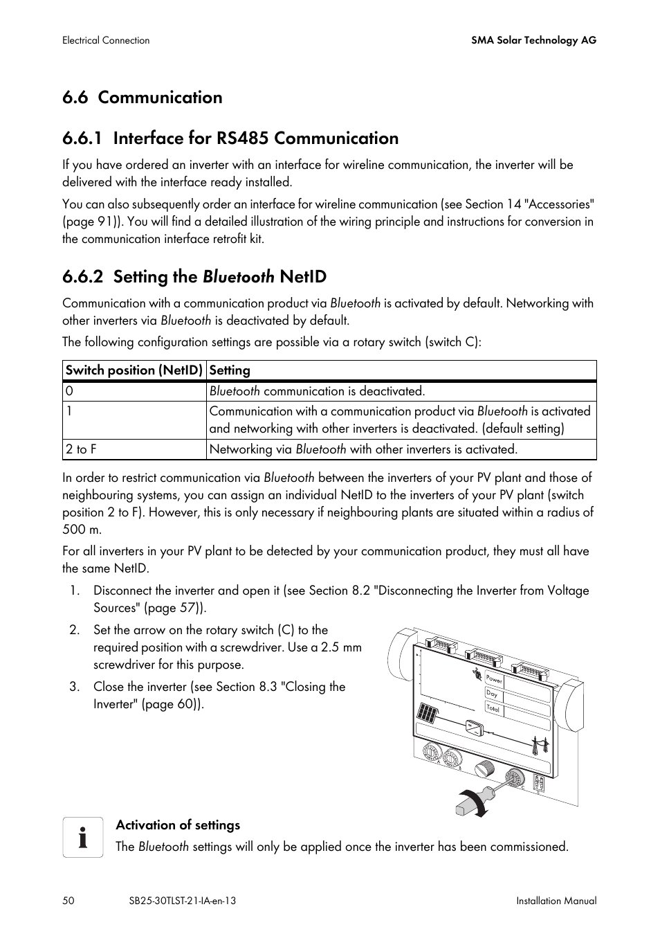 6 communication, 1 interface for rs485 communication, 2 setting the bluetooth netid | Communication, Interface for rs485 communication, Setting the bluetooth | SMA SB 2500TL-21 Installation User Manual | Page 50 / 96