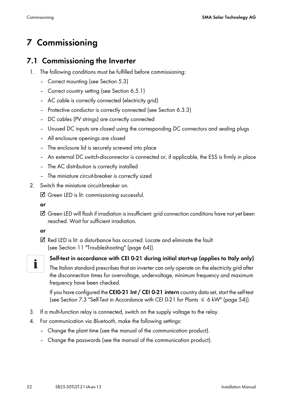 7 commissioning, 1 commissioning the inverter, Commissioning | Commissioning the inverter | SMA SB 2500TL-21 Installation User Manual | Page 52 / 96