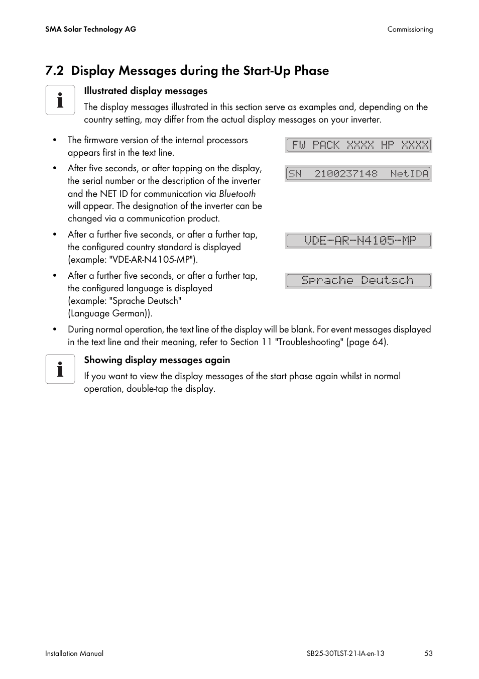 2 display messages during the start-up phase, Display messages during the start-up phase, Vde-ar-n4105-mp sprache deutsch | SMA SB 2500TL-21 Installation User Manual | Page 53 / 96