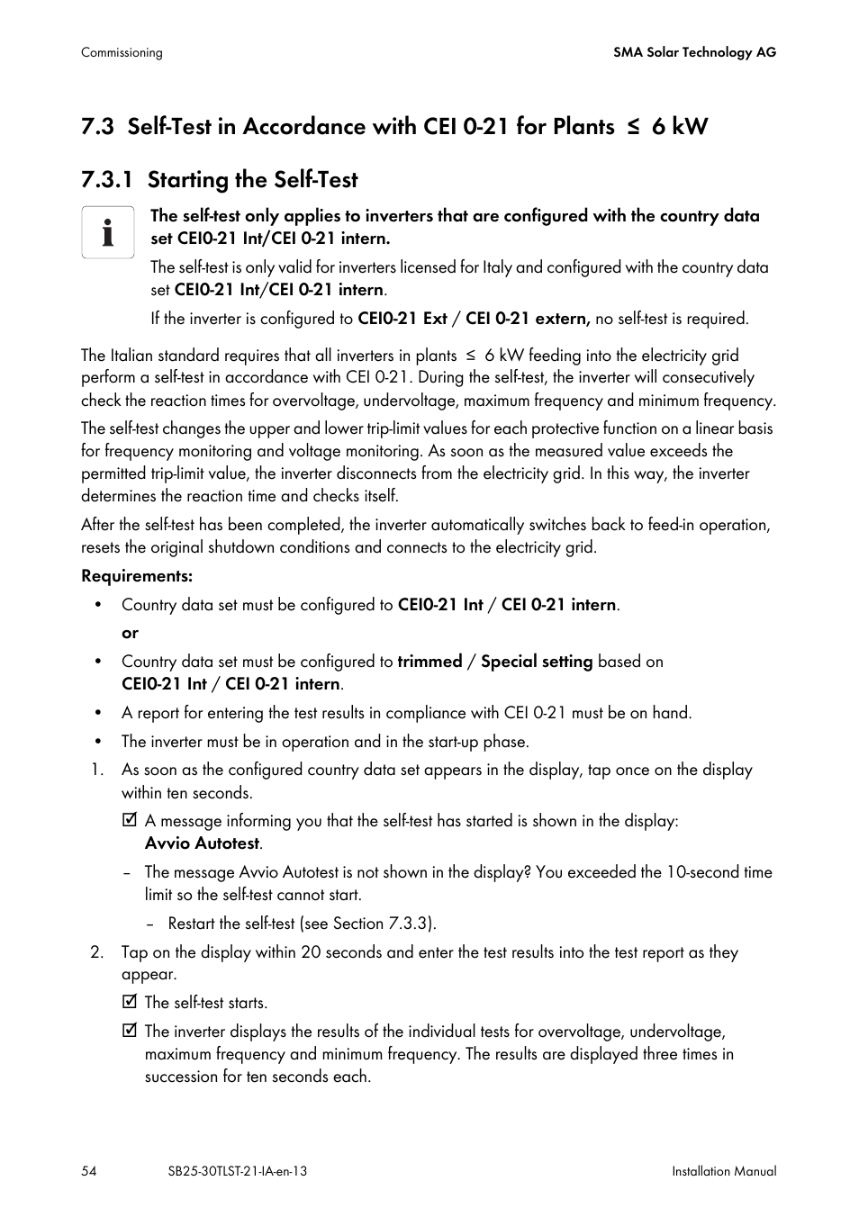 1 starting the self-test, Starting the self-test | SMA SB 2500TL-21 Installation User Manual | Page 54 / 96