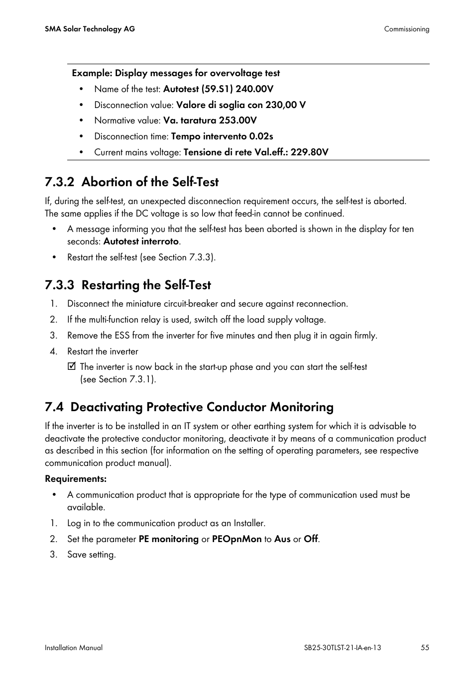 2 abortion of the self-test, 3 restarting the self-test, 4 deactivating protective conductor monitoring | Abortion of the self-test, Restarting the self-test, Deactivating protective conductor monitoring | SMA SB 2500TL-21 Installation User Manual | Page 55 / 96
