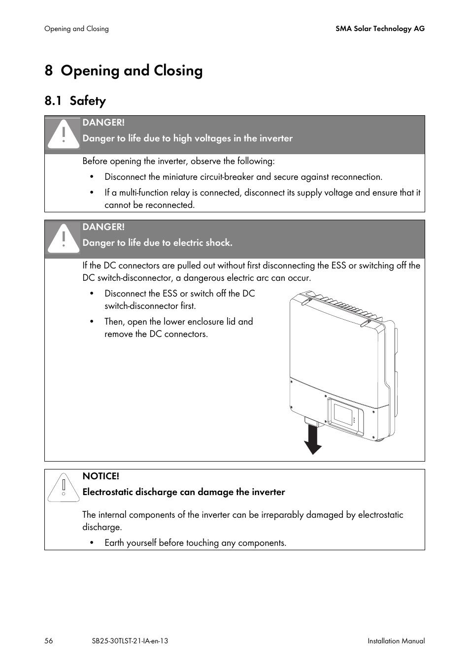 8 opening and closing, 1 safety, Opening and closing | Safety | SMA SB 2500TL-21 Installation User Manual | Page 56 / 96