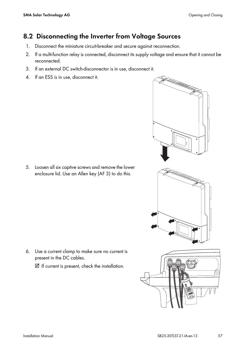 2 disconnecting the inverter from voltage sources, Disconnecting the inverter from voltage sources | SMA SB 2500TL-21 Installation User Manual | Page 57 / 96