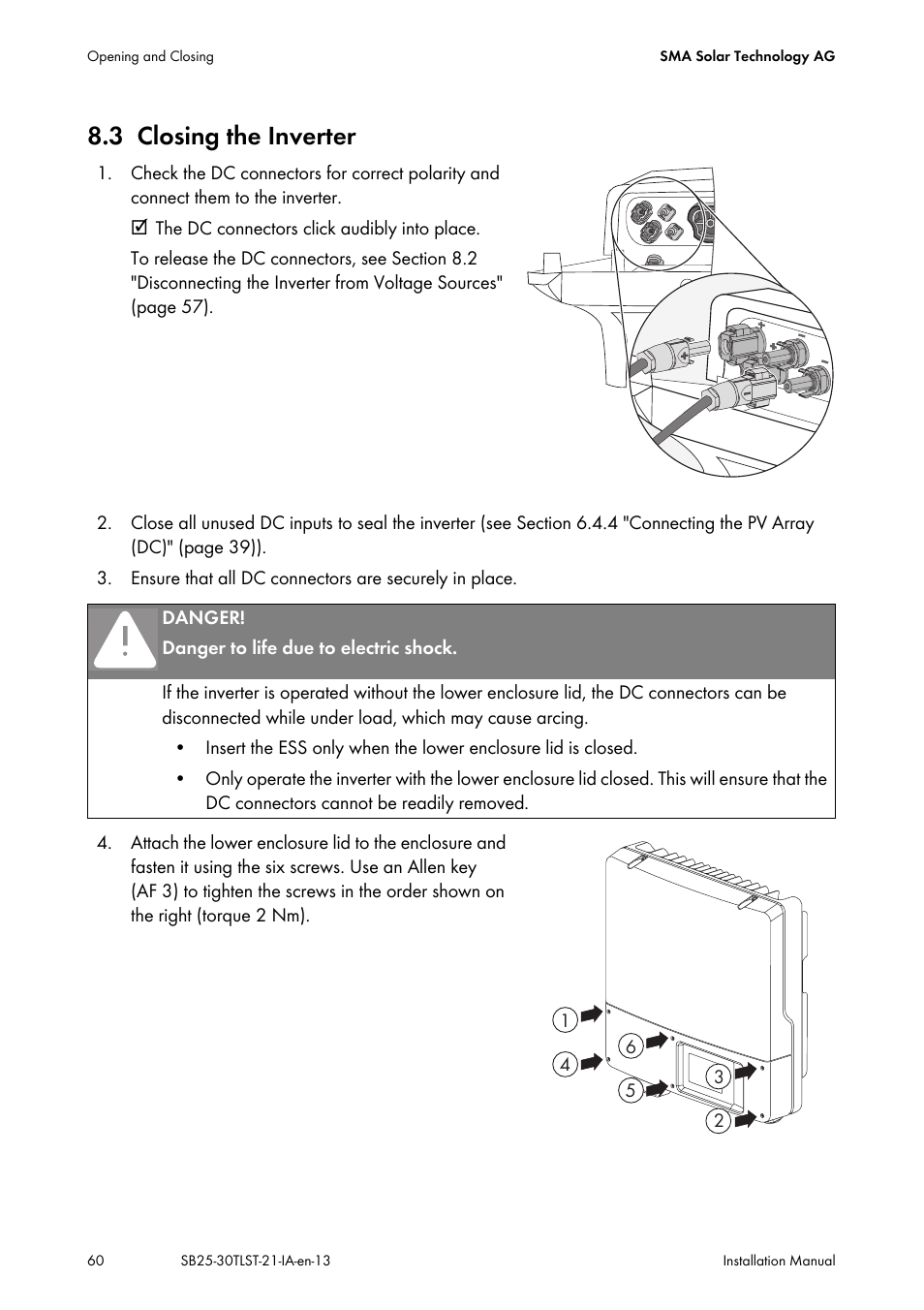 3 closing the inverter, Closing the inverter, 3 "closing the | SMA SB 2500TL-21 Installation User Manual | Page 60 / 96