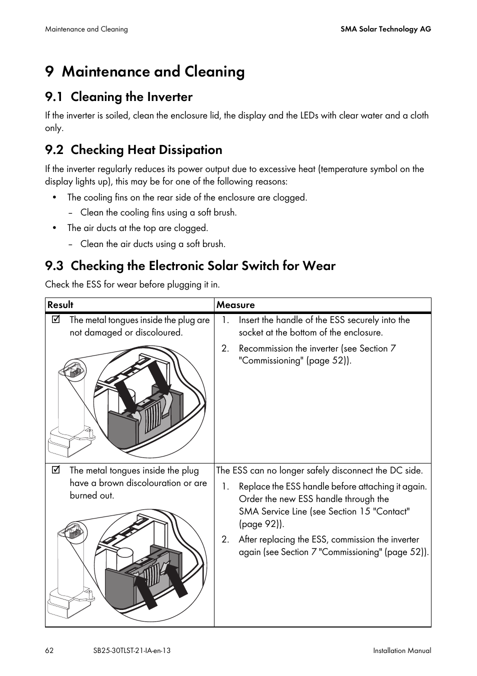9 maintenance and cleaning, 1 cleaning the inverter, 2 checking heat dissipation | 3 checking the electronic solar switch for wear, Maintenance and cleaning, Cleaning the inverter, Checking heat dissipation, Checking the electronic solar switch for wear | SMA SB 2500TL-21 Installation User Manual | Page 62 / 96