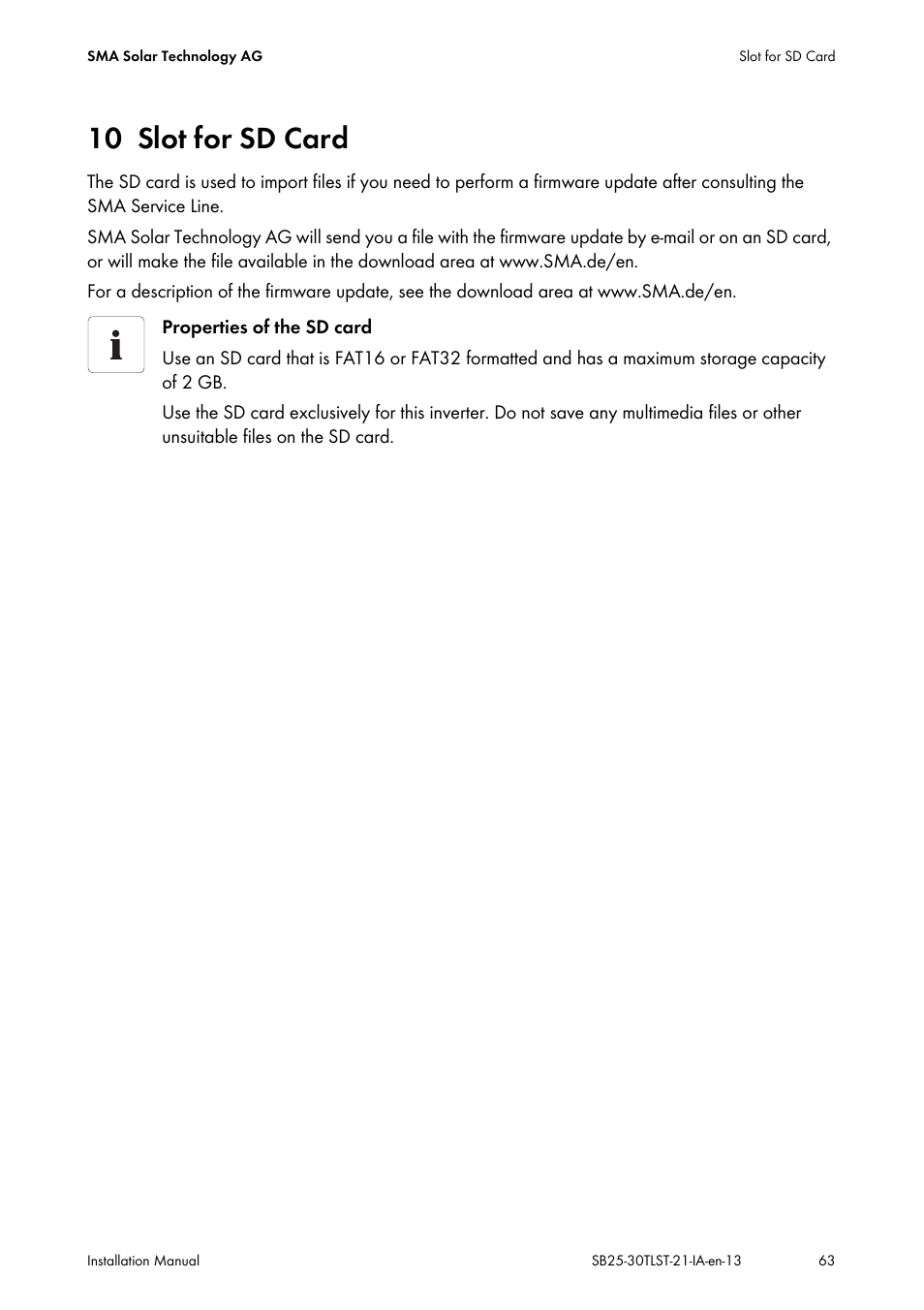 10 slot for sd card, Slot for sd card | SMA SB 2500TL-21 Installation User Manual | Page 63 / 96