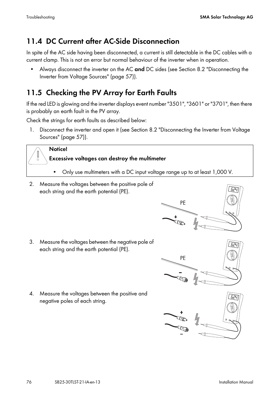 4 dc current after ac-side disconnection, 5 checking the pv array for earth faults, Dc current after ac-side disconnection | Checking the pv array for earth faults, Section 11.5 "checking | SMA SB 2500TL-21 Installation User Manual | Page 76 / 96