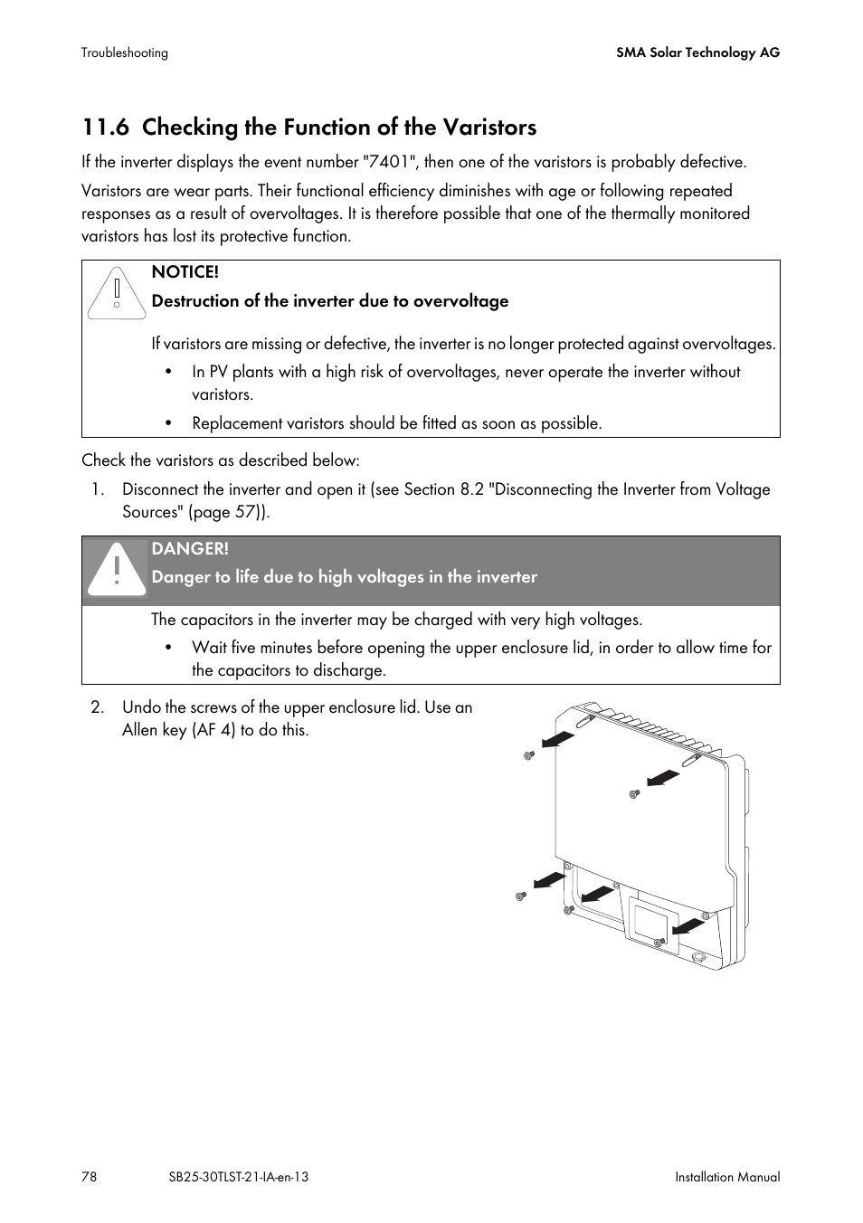 6 checking the function of the varistors, Checking the function of the varistors, Ion 11.6 "checking the | SMA SB 2500TL-21 Installation User Manual | Page 78 / 96