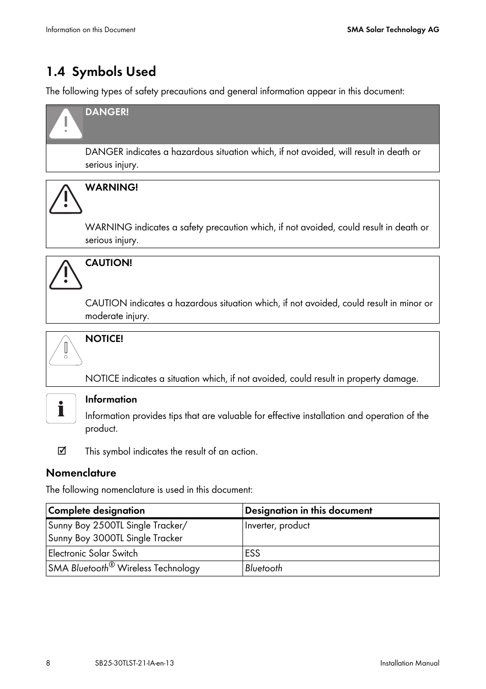 4 symbols used, Symbols used | SMA SB 2500TL-21 Installation User Manual | Page 8 / 96