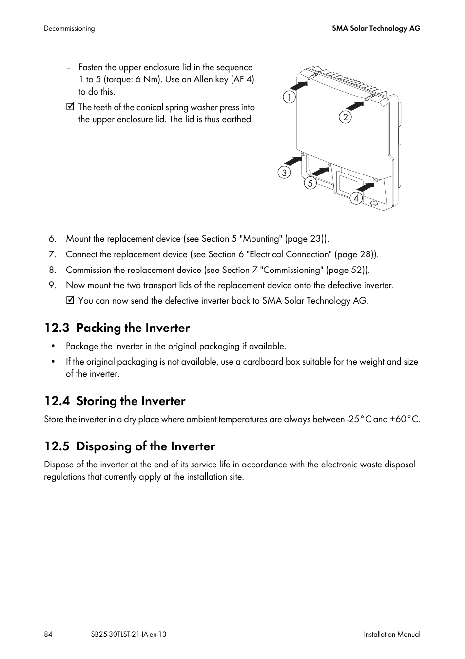 3 packing the inverter, 4 storing the inverter, 5 disposing of the inverter | Packing the inverter, Storing the inverter, Disposing of the inverter | SMA SB 2500TL-21 Installation User Manual | Page 84 / 96