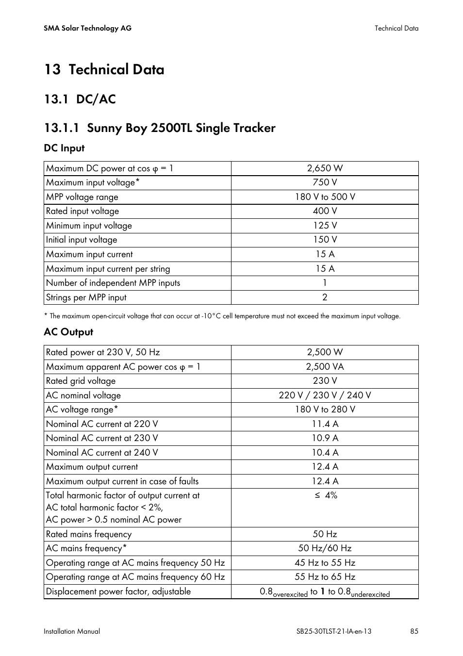 13 technical data, 1 dc/ac, 1 sunny boy 2500tl single tracker | Technical data, Dc/ac, Sunny boy 2500tl single tracker | SMA SB 2500TL-21 Installation User Manual | Page 85 / 96