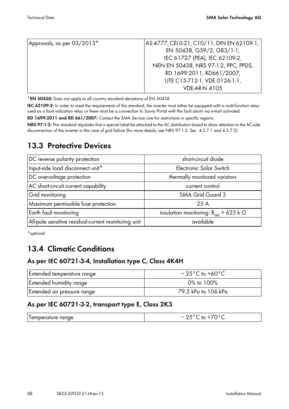 3 protective devices, 4 climatic conditions, Protective devices | Climatic conditions | SMA SB 2500TL-21 Installation User Manual | Page 88 / 96