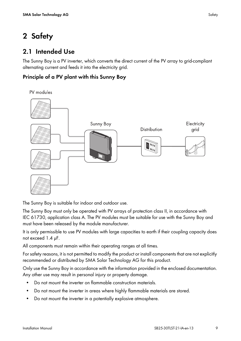 2 safety, 1 intended use, Safety | Intended use | SMA SB 2500TL-21 Installation User Manual | Page 9 / 96