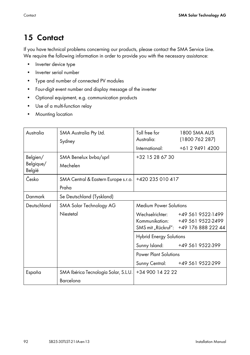 15 contact, Contact, E (see section 15 "contact | SMA SB 2500TL-21 Installation User Manual | Page 92 / 96