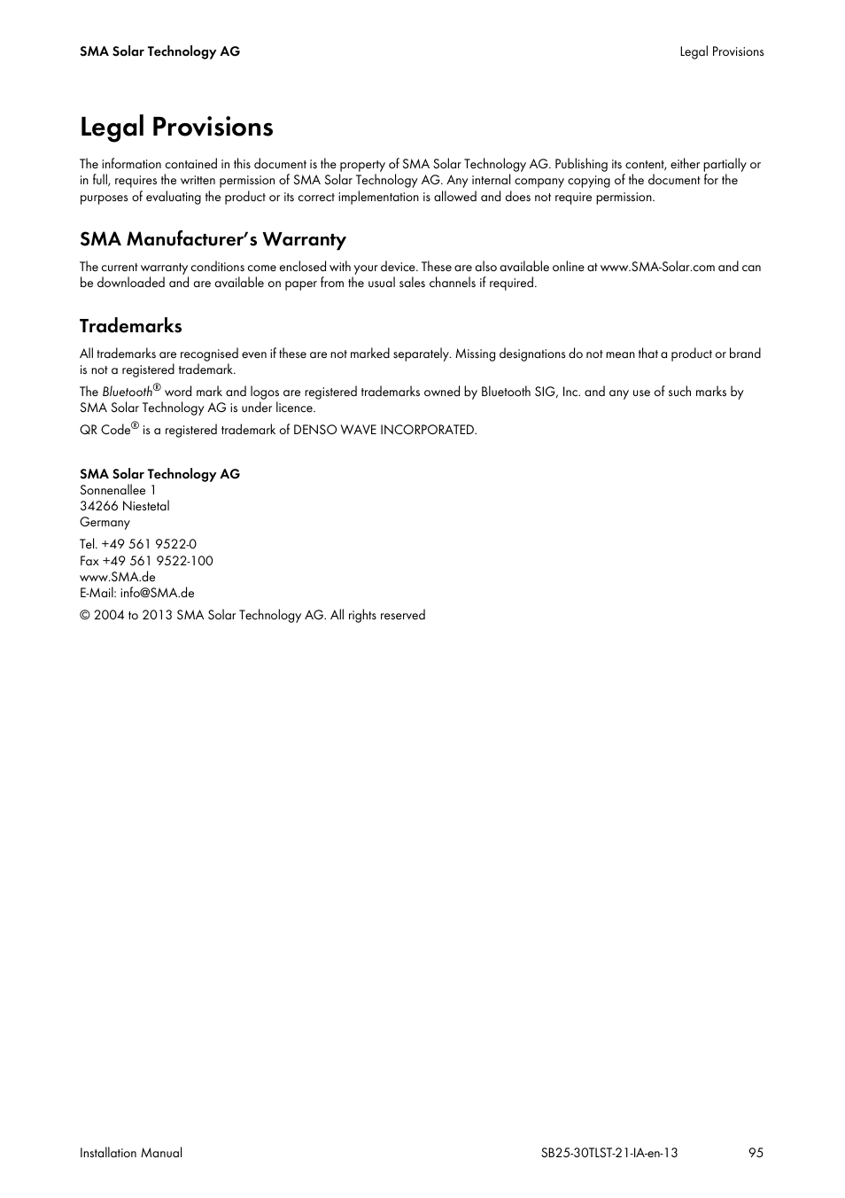 Legal provisions, Sma manufacturer’s warranty, Trademarks | SMA SB 2500TL-21 Installation User Manual | Page 95 / 96