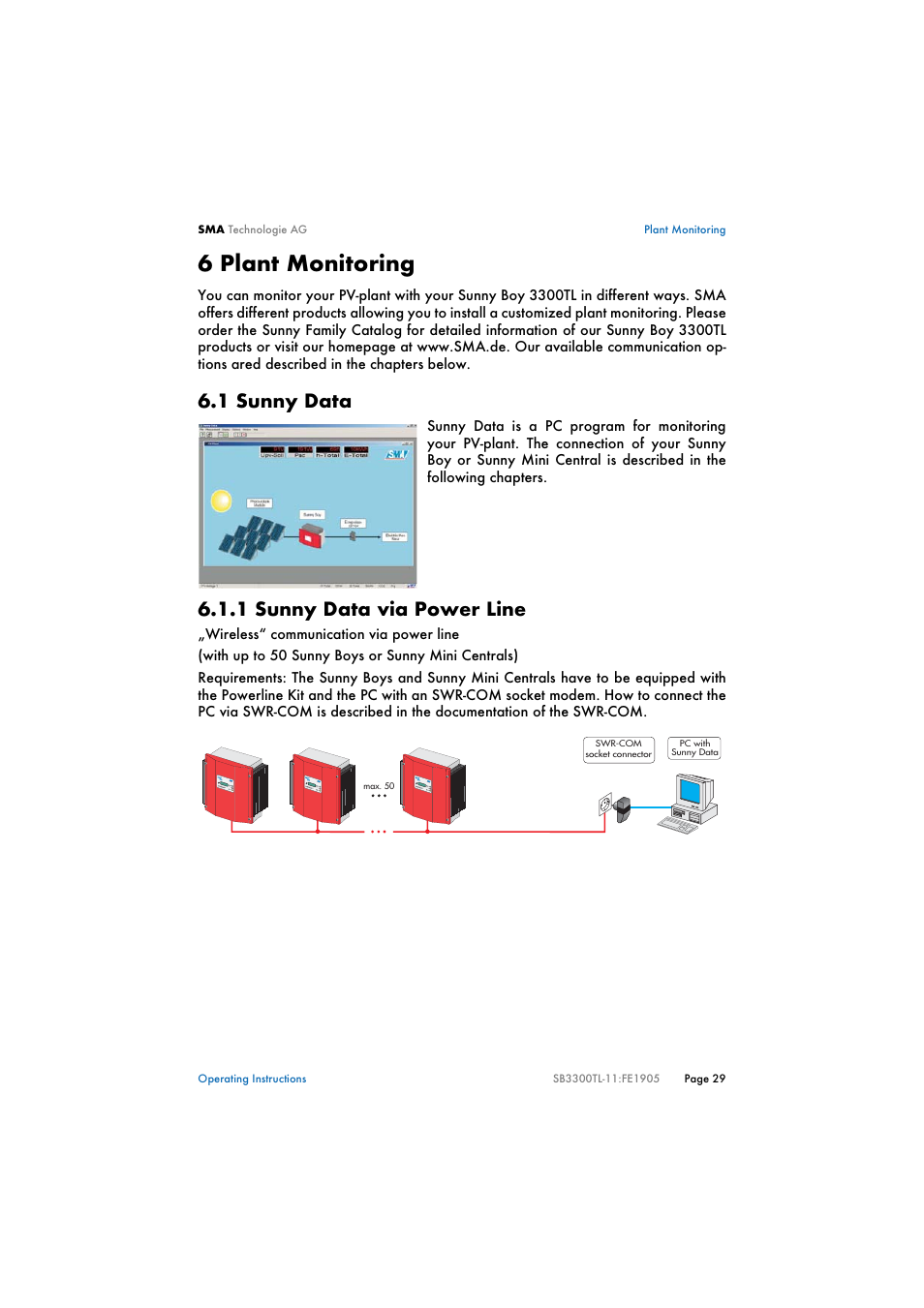 6 plant monitoring, 1 sunny data, 1 sunny data via power line | Plant monitoring, Sunny data, Sunny data via power line | SMA SB 3300TL User Manual | Page 33 / 62