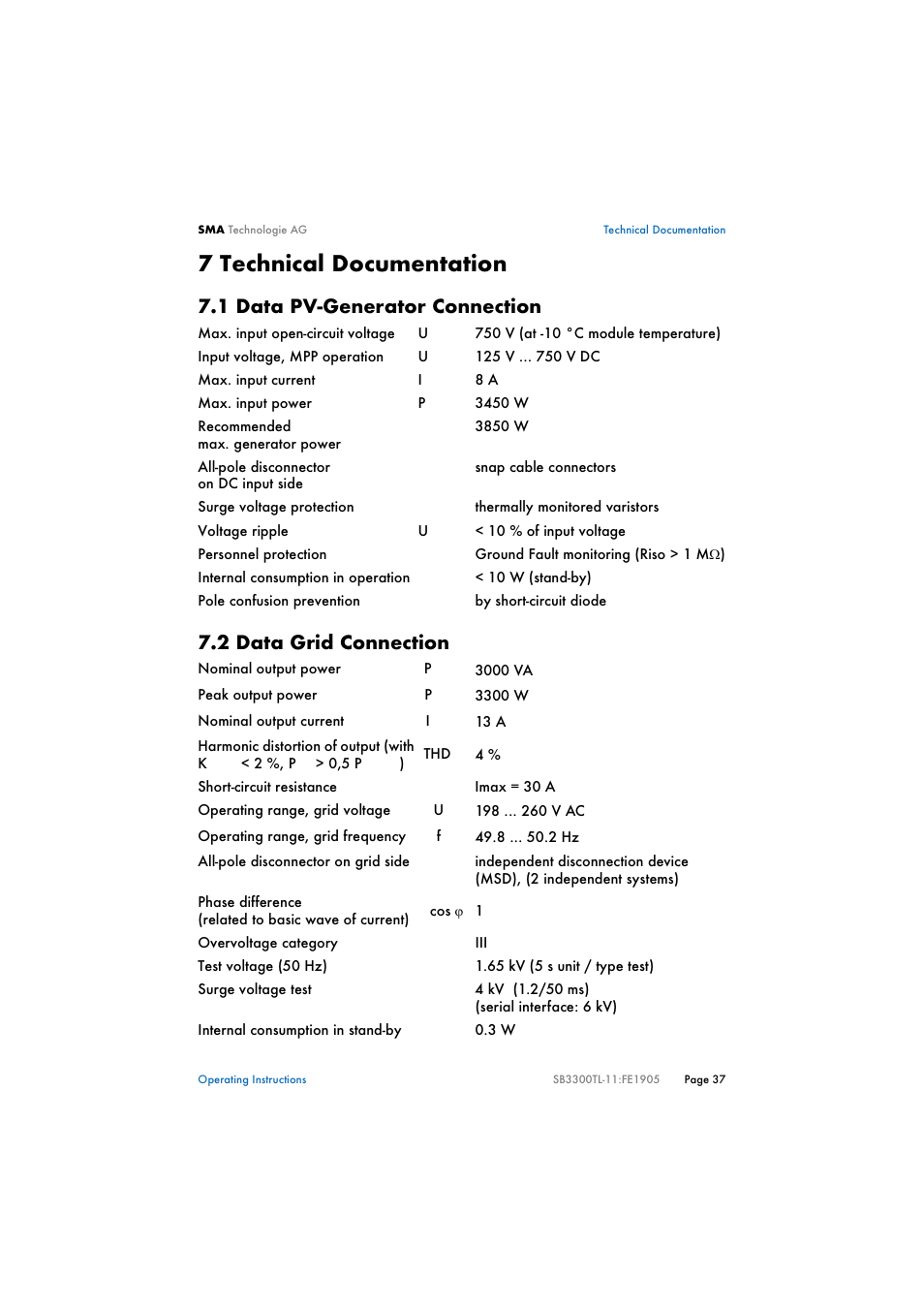 7 technical documentation, 1 data pv-generator connection, 2 data grid connection | Technical documentation, Data pv-generator connection, Data grid connection | SMA SB 3300TL User Manual | Page 41 / 62