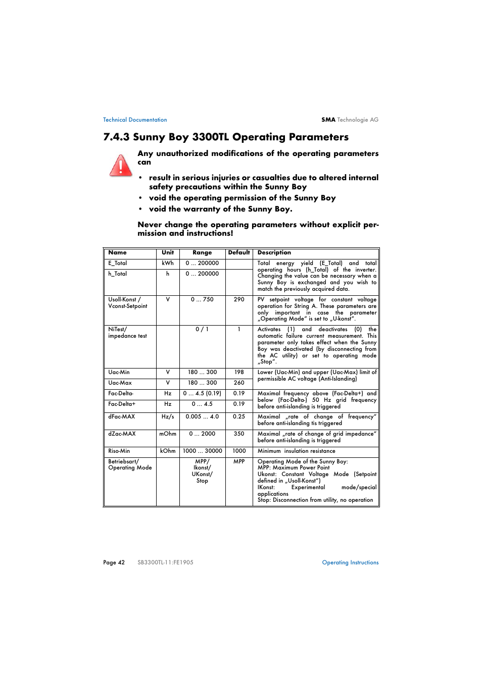 3 sunny boy 3300tl operating parameters, Sunny boy 3300tl operating parameters | SMA SB 3300TL User Manual | Page 46 / 62